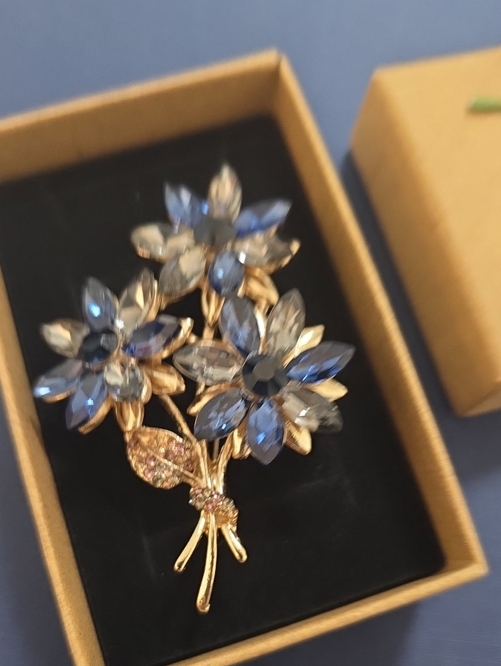 Gold-Tone Blue Crystal Flower Bouquet Brooch